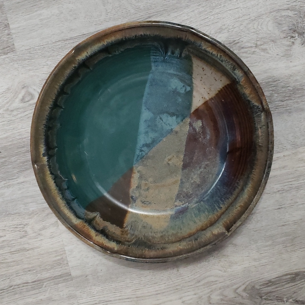 Handcrafted Ceramic Serving Plate - Teal, Brown & Cream